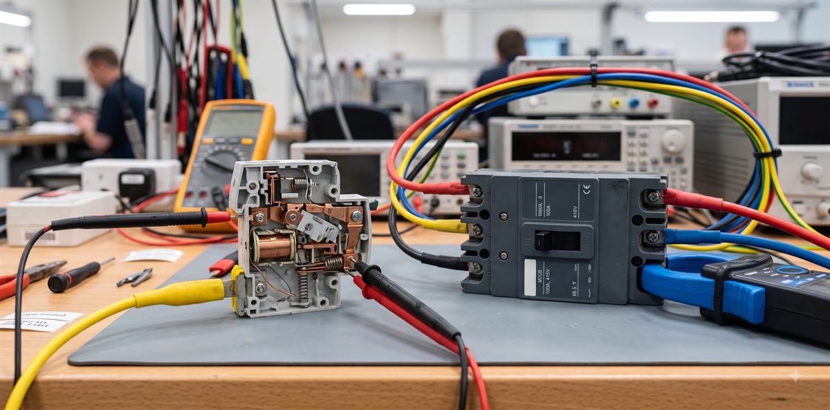 Miniature circuit breakers and MCCBs undergoing testing for SABER certification in Saudi Arabia