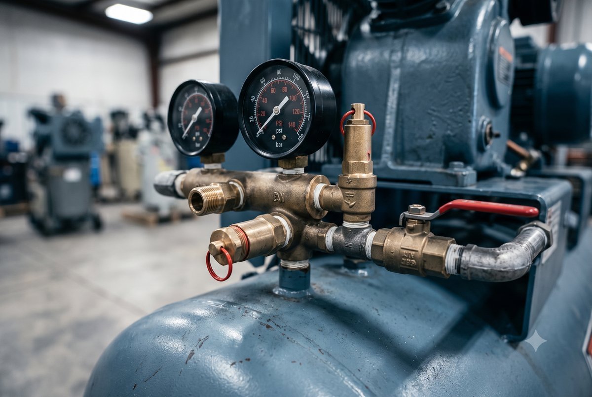 Industrial rotary screw and piston air compressors with receiver tanks requiring SABER certification for Saudi Arabia