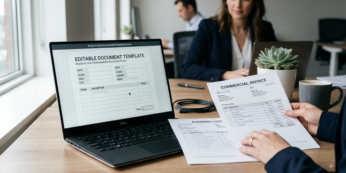 Editable Saudi export document templates on a laptop and desk