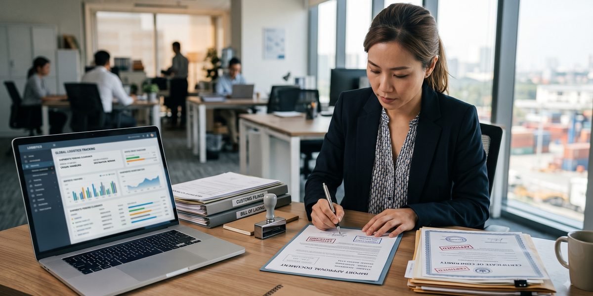 Compliance officer reviewing Saudi import approval documents