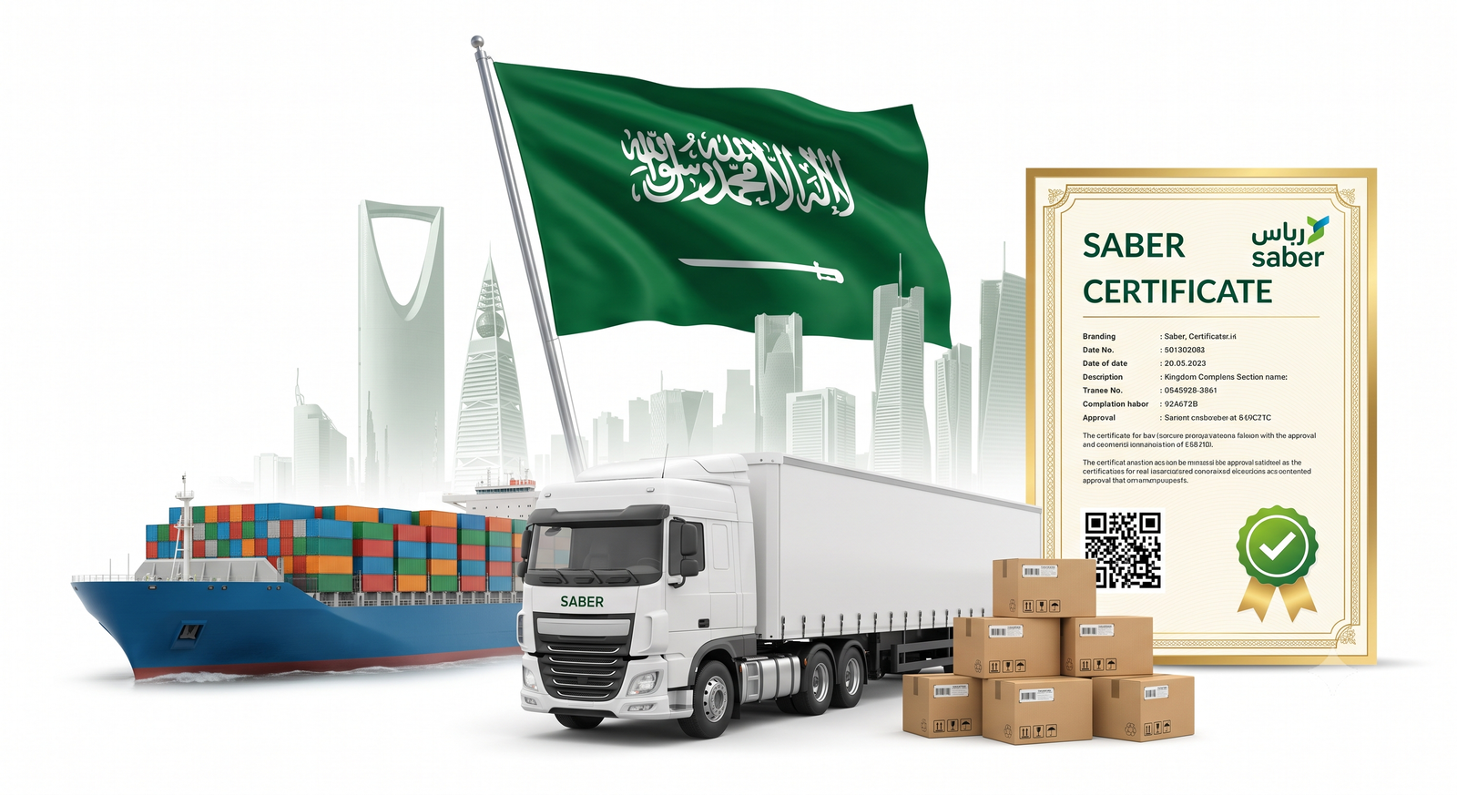 SASO SABER Certification for Saudi Arabia exports — Saudi flag, Riyadh skyline, cargo ship, delivery truck and SABER certificate